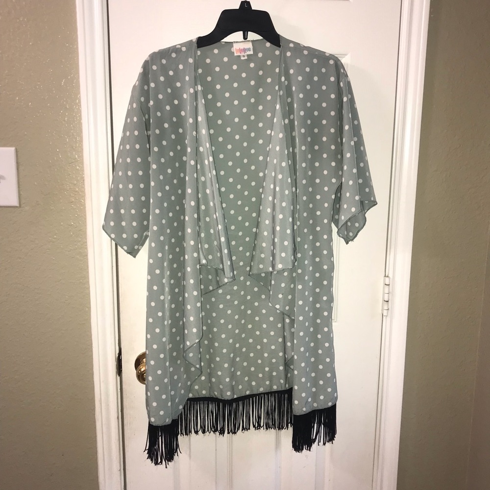 LuLaRoe Light Blue Polka Dot Kimono with Fringe Size Small